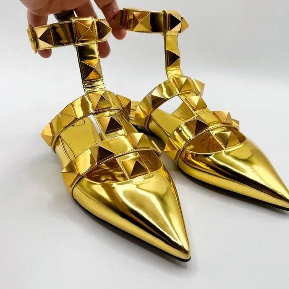 Valentino Garavani Roman Stud Metallic Gold Leather Ballerina Ankle-Strap Flats - Picture 2 of 10